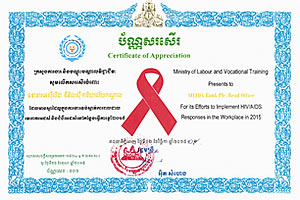 Certificate of Appreciation for the Effort to Implement HIV/AIDS Responses in the Workplace in 2015