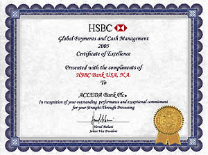 HSBC Certificate of Excellent for Global Payments and Cash Management 2005