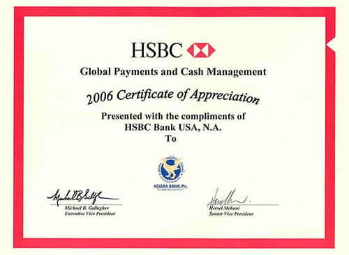 Certificate of Appreciation for Global Payments and Cash Management from HSBC Bank