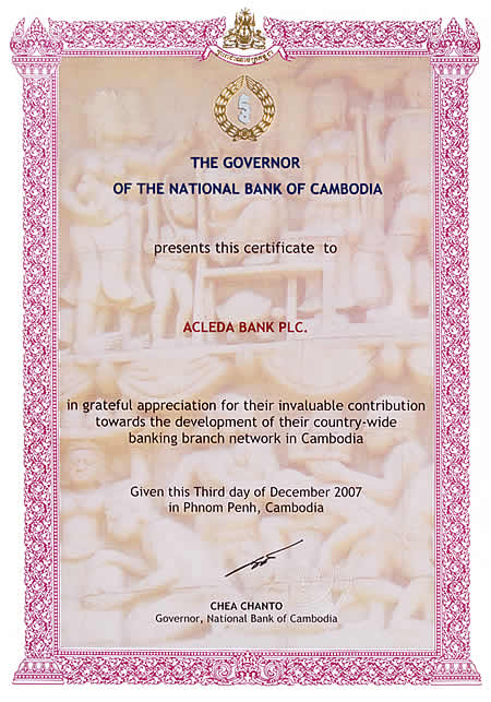 Appreciation certificate for development of country-wide banking branch network from the National Bank of Cambodia