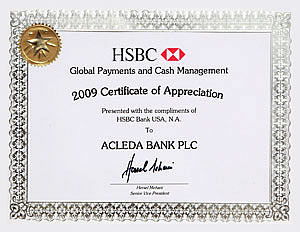 Global Payments and Cash Management 2009 Certificate of Appreciation